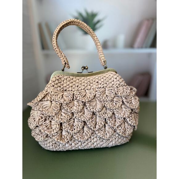 Patricia Nash Laureana Scalloped Raffia Framed Satchel Bag Natural Like New - Picture 1 of 6